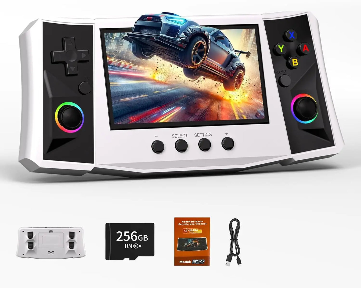 R50 울트라 H 휴대용 게임기, 4.5인치 IPS 스크린, 레트로 콘솔, 4000mAh 배터리, 12세 이상 사용 가능, 에뮬레이터, 256GB 용량, 50000개 게임 포함 (선물용)