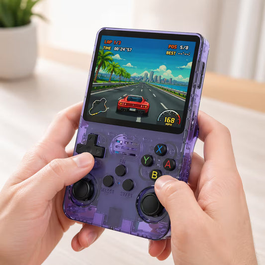Adult hands holding the iGameConsole portable retro handheld console, showing its compact size, comfortable controls, and colorful racing game screen.