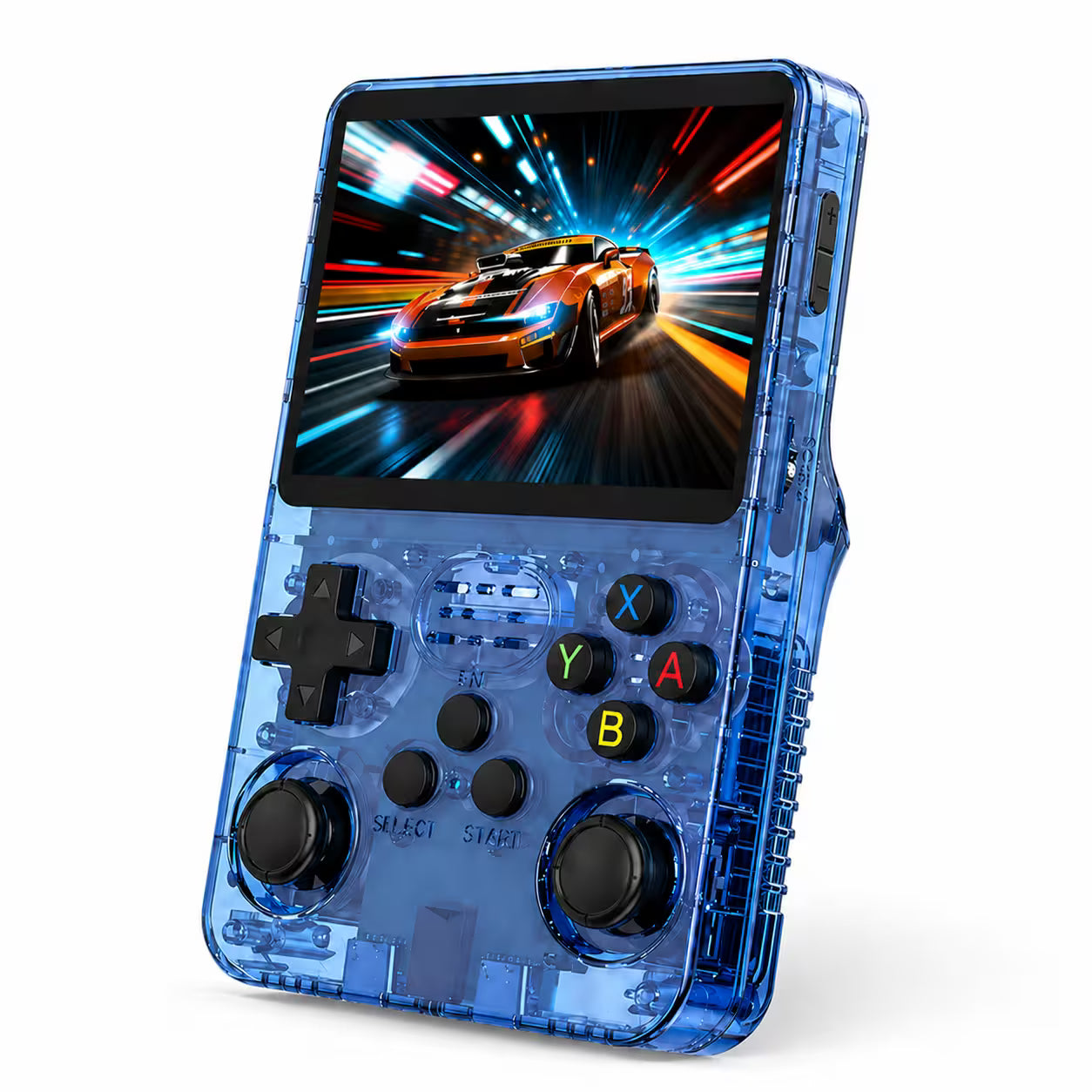 iGameConsole R36S transparent blue retro handheld game console shown as a standalone color option with a vertical display, black D-pad, colorful ABXY buttons, dual joysticks, side buttons, translucent body details, and racing game screen on a clean white background.