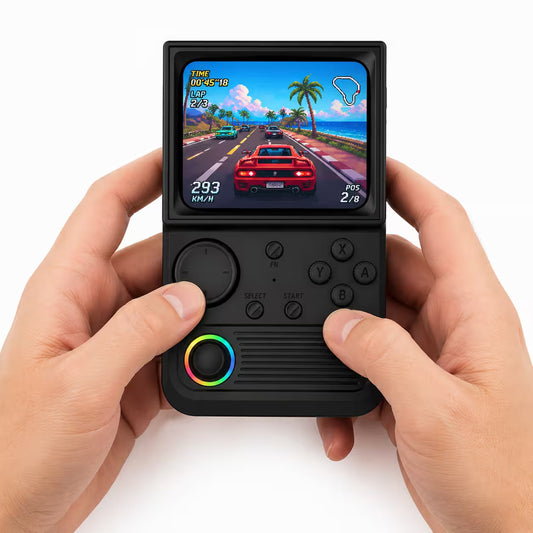 Adult hands holding the R36T portable gaming console, showing its compact vertical form factor, black shell, rounded controls, RGB-ring joystick, and bright racing-style gameplay screen.