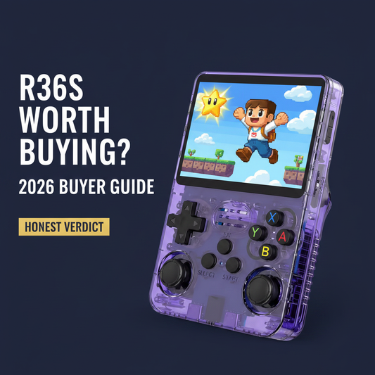 Purple R36S retro handheld gaming console with golden star platformer screen for an honest 2026 buyer guide
