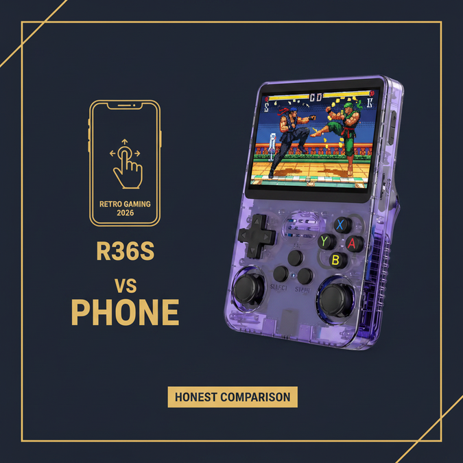 Purple R36S retro handheld gaming console compared with a smartphone touch-control icon and classic fighting game screen