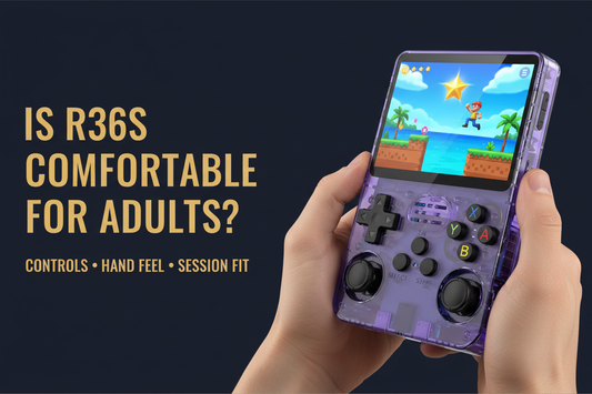 R36S adult comfort buyer guide — 2026 — purple retro handheld controls hand feel and long-session fit by iGameConsole