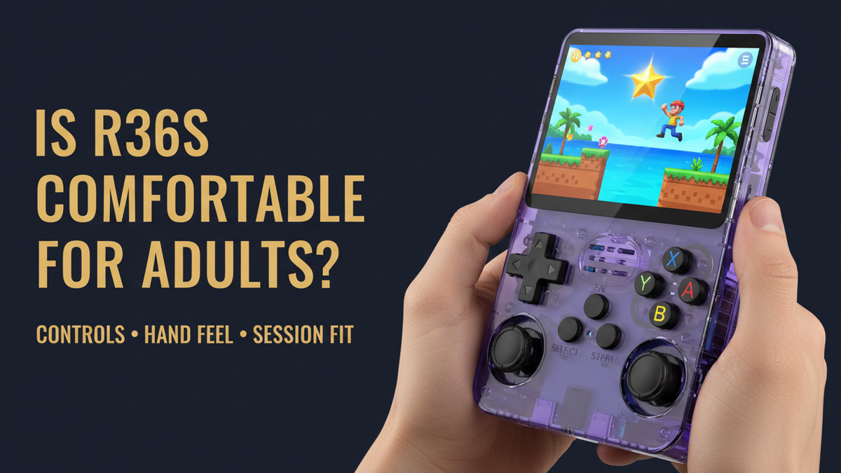 R36S adult comfort buyer guide — 2026 — purple retro handheld controls hand feel and long-session fit by iGameConsole