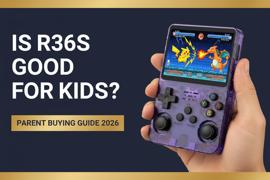 R36S kids parent buying guide — 2026 — purple retro handheld with supervised family gaming and classic battle screen by iGameConsole