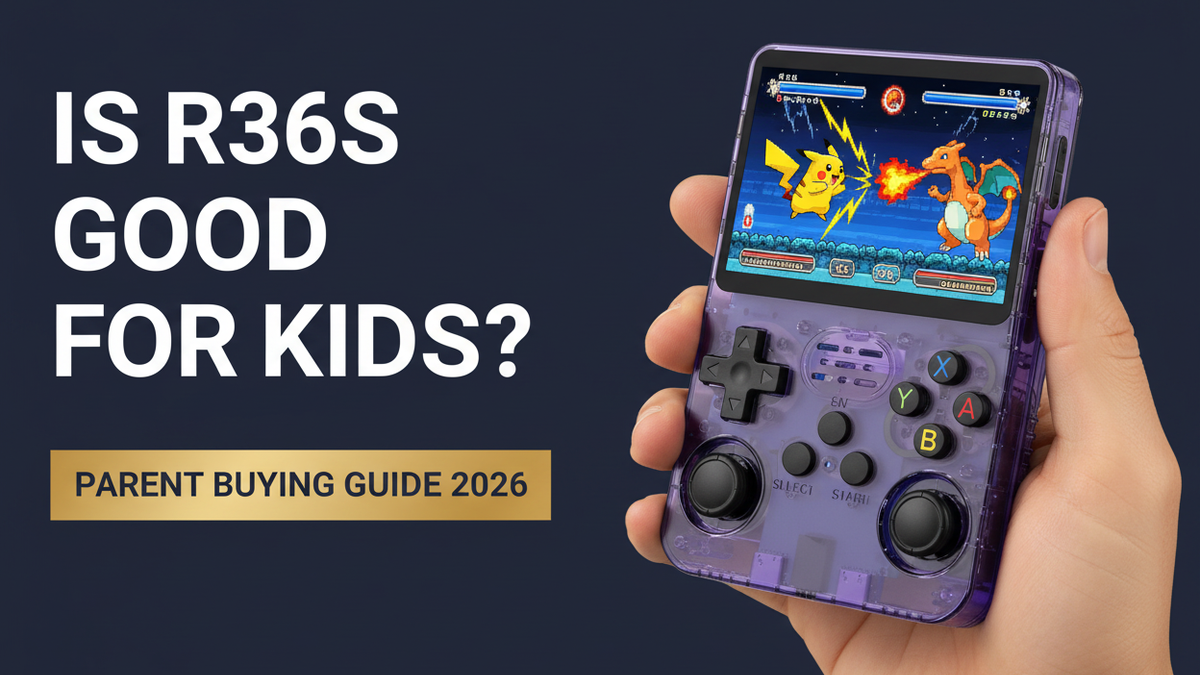 R36S kids parent buying guide — 2026 — purple retro handheld with supervised family gaming and classic battle screen by iGameConsole
