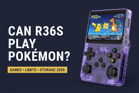Can the R36S play Pokemon — 2026 — purple retro handheld with Pikachu and Charizard battle screen, games limits and storage guide by iGameConsole
