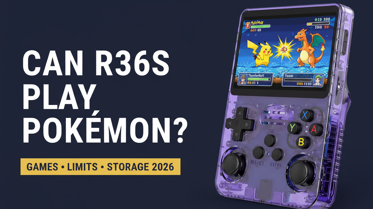 Can the R36S play Pokemon — 2026 — purple retro handheld with Pikachu and Charizard battle screen, games limits and storage guide by iGameConsole