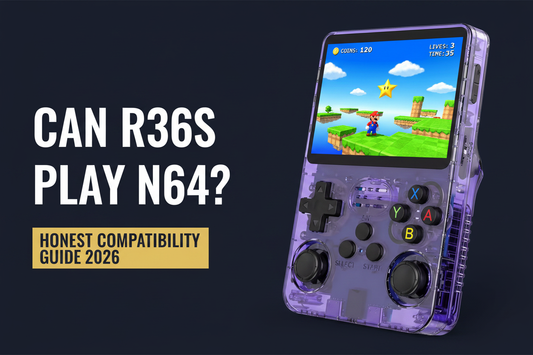 Can the R36S play N64 — 2026 — purple R36S retro handheld showing a colorful N64-style platform adventure scene for the honest compatibility and upgrade guide by iGameConsole