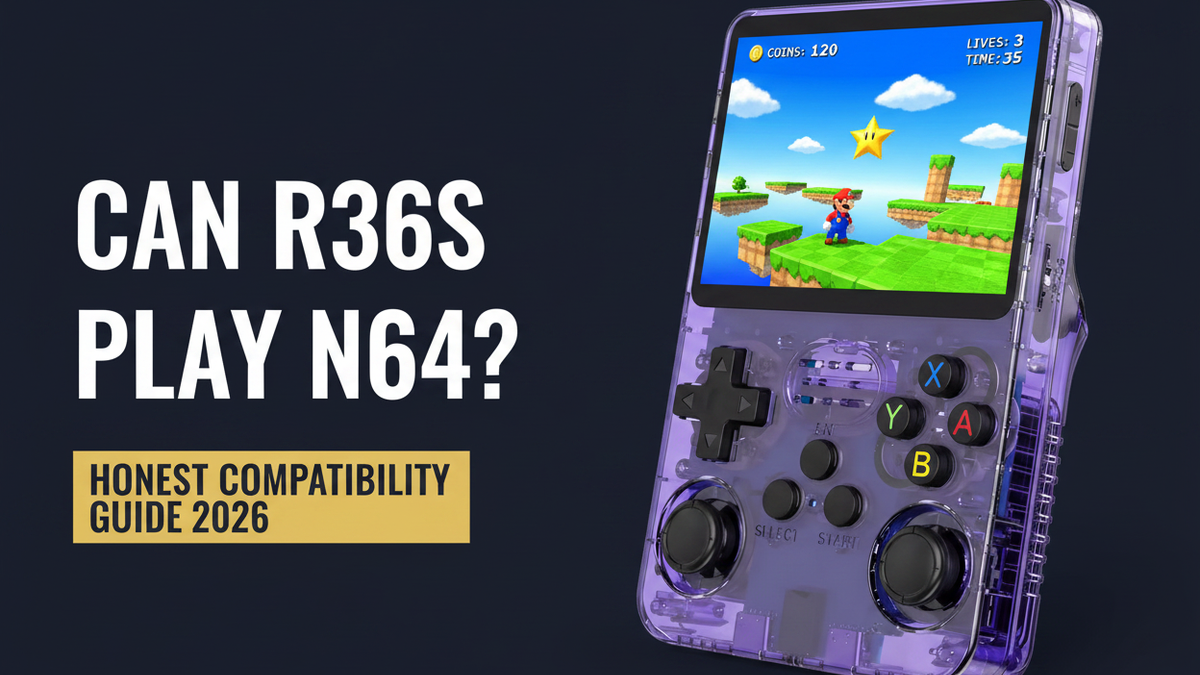 Can the R36S play N64 — 2026 — purple R36S retro handheld showing a colorful N64-style platform adventure scene for the honest compatibility and upgrade guide by iGameConsole