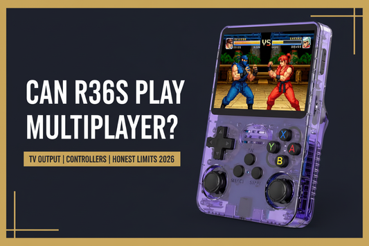 Can the R36S play multiplayer — 2026 — purple R36S retro handheld showing a two-player arcade fighting scene for the TV output, controller, and honest multiplayer limits guide by iGameConsole
