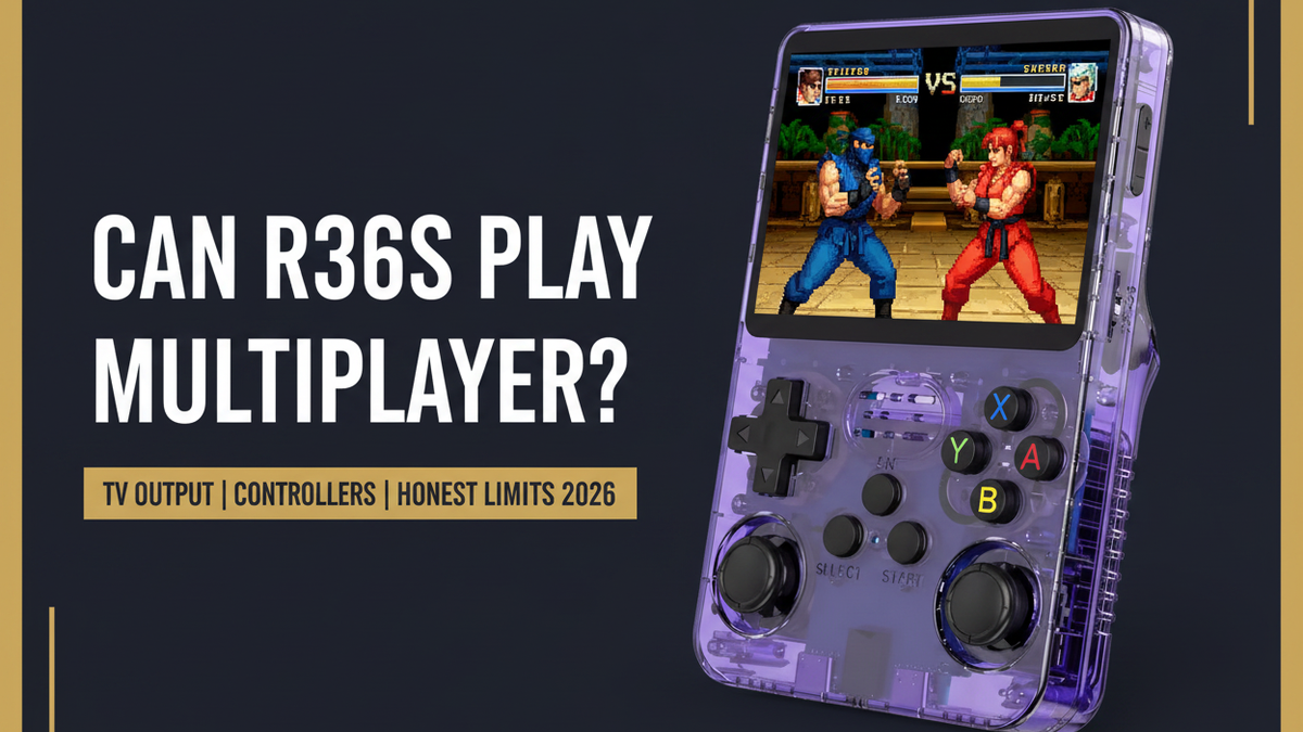 Can the R36S play multiplayer — 2026 — purple R36S retro handheld showing a two-player arcade fighting scene for the TV output, controller, and honest multiplayer limits guide by iGameConsole