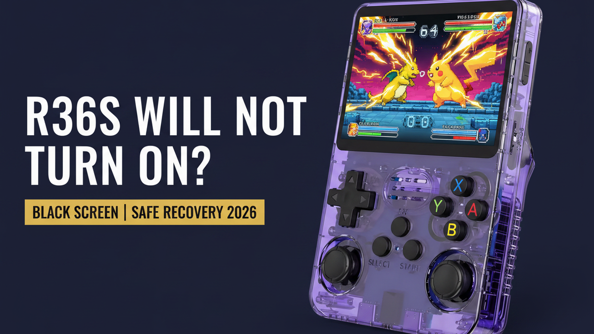 R36S will not turn on — 2026 — purple R36S retro handheld with a vivid battle screen for black screen, charging, microSD, and safe recovery troubleshooting guide by iGameConsole