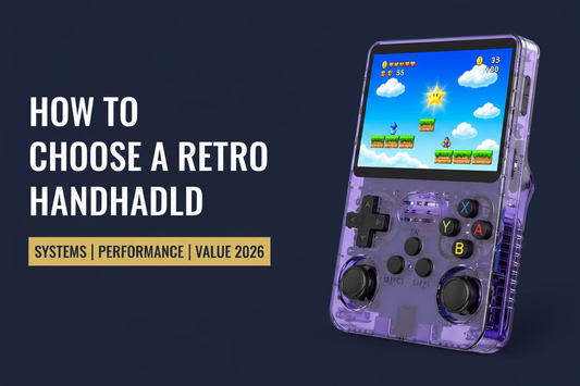 How to choose a retro handheld — 2026 — purple R36S showing a colorful classic 3D platform game for systems, performance, portability, and value buying guide by iGameConsole