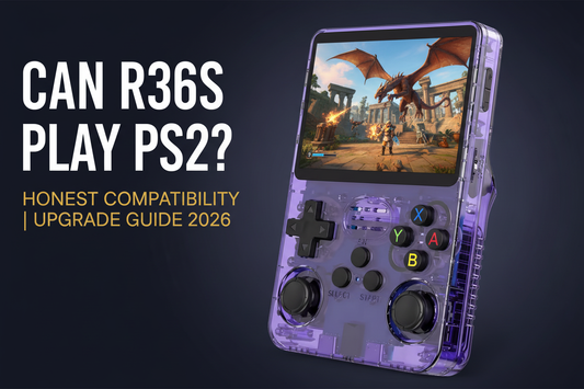 Can the R36S play PS2 — 2026 — purple R36S retro handheld with a vivid 3D action scene for the honest PS2 compatibility and upgrade guide by iGameConsole