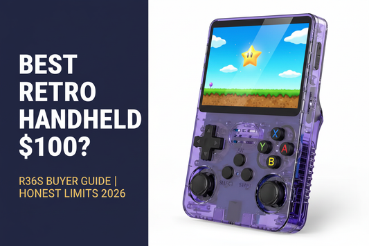 Best retro handheld under $100 — 2026 — purple R36S retro handheld showing a colorful classic 3D platform scene for the R36S buyer guide by iGameConsole