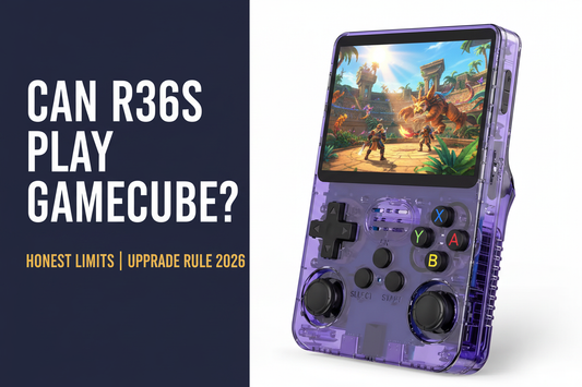 Can the R36S play GameCube — 2026 — purple R36S retro handheld with a vivid 3D action scene for the honest GameCube compatibility and upgrade guide by iGameConsole