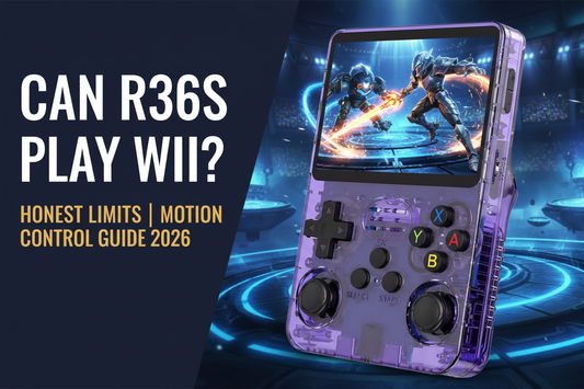 Can the R36S play Wii — 2026 — purple R36S retro handheld with a vivid motion-style action scene for the honest Wii compatibility and motion control guide by iGameConsole