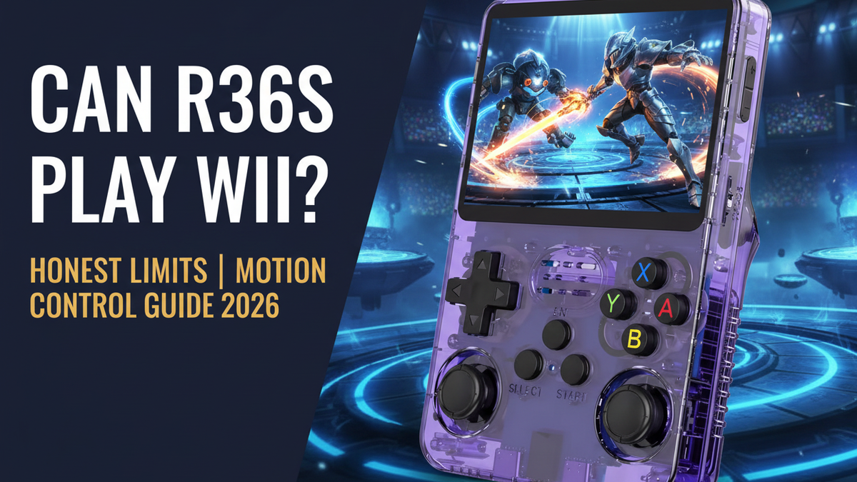 Can the R36S play Wii — 2026 — purple R36S retro handheld with a vivid motion-style action scene for the honest Wii compatibility and motion control guide by iGameConsole