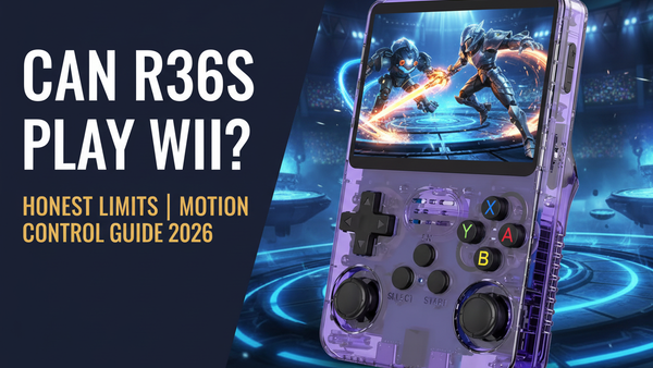 Can the R36S play Wii — 2026 — purple R36S retro handheld with a vivid motion-style action scene for the honest Wii compatibility and motion control guide by iGameConsole