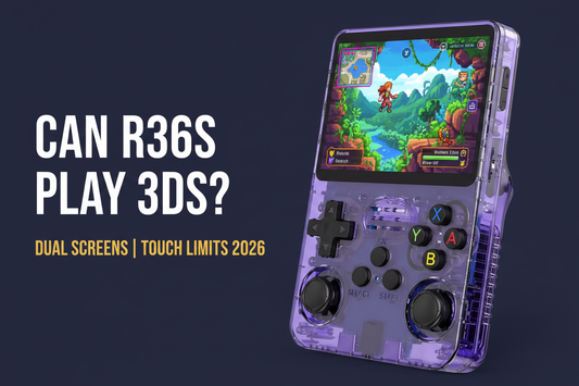 Can the R36S play 3DS — 2026 — purple R36S retro handheld showing a colorful single-screen adventure scene for the honest dual-screen and touch limits guide by iGameConsole