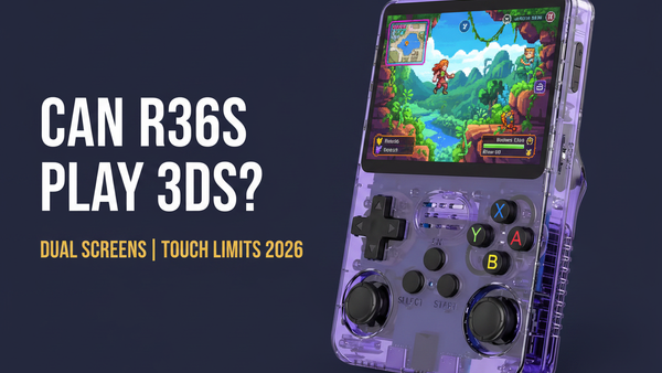 Can the R36S play 3DS — 2026 — purple R36S retro handheld showing a colorful single-screen adventure scene for the honest dual-screen and touch limits guide by iGameConsole