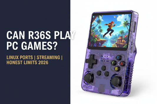 Can the R36S play PC games — 2026 — purple R36S retro handheld with a vivid computer-style action scene for the Linux ports, streaming, and honest limits guide by iGameConsole