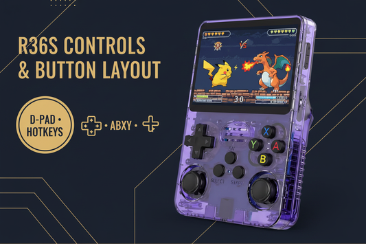 Vertical purple R36S retro handheld gaming console with D-pad, ABXY buttons, dual joysticks, and save-state hotkey guide