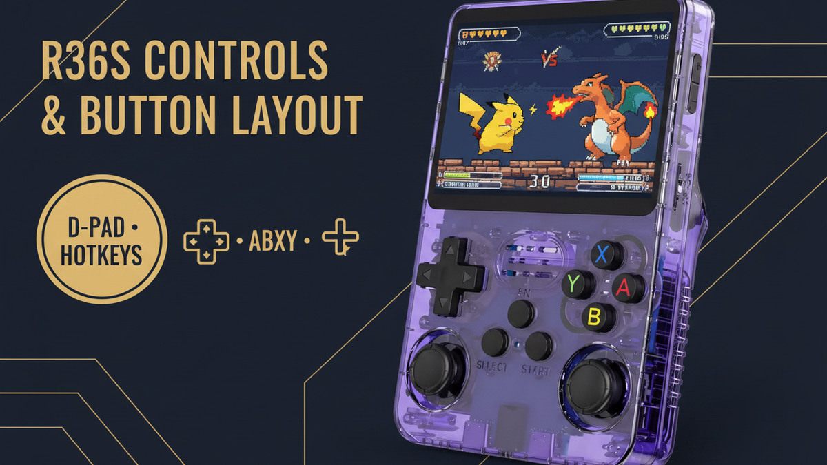 Vertical purple R36S retro handheld gaming console with D-pad, ABXY buttons, dual joysticks, and save-state hotkey guide
