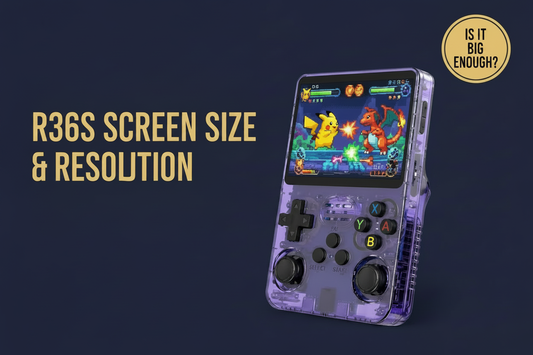 Vertical purple R36S retro handheld gaming console with a retro battle screen, titled R36S screen size and resolution with an Is It Big Enough badge