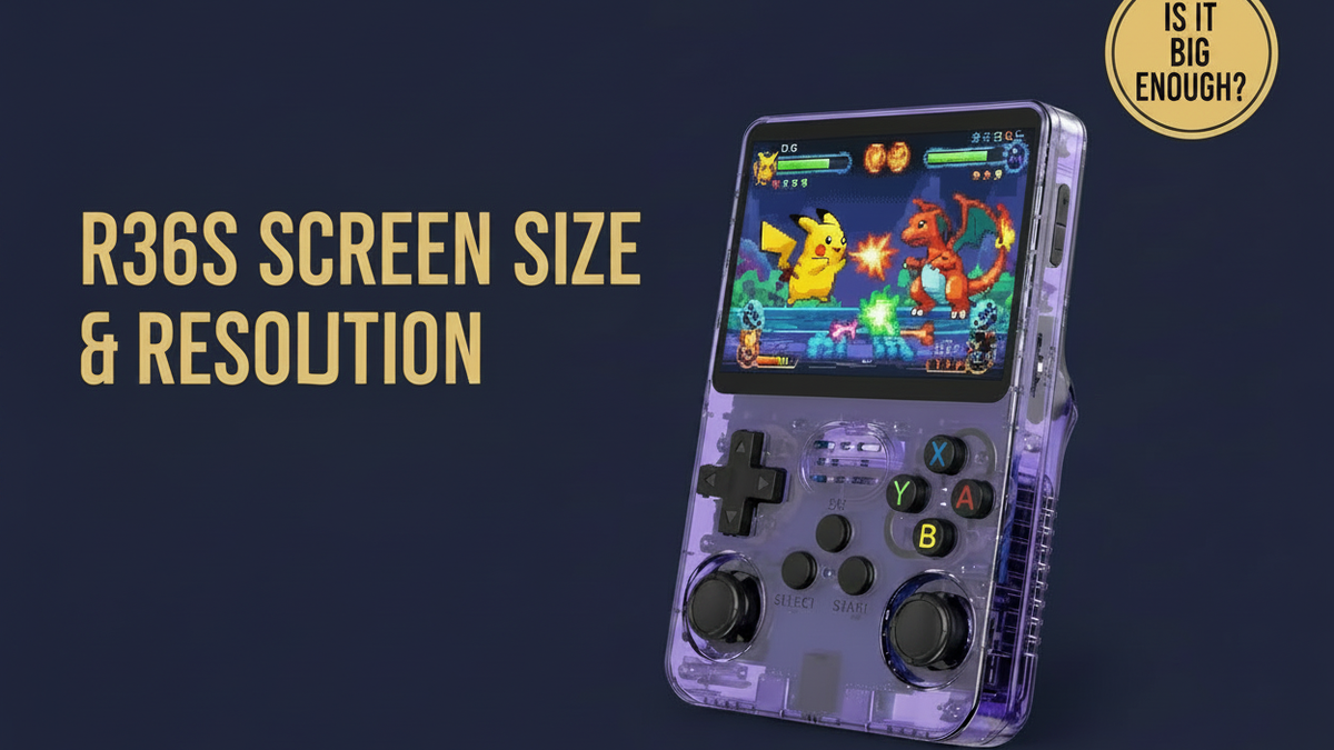 Vertical purple R36S retro handheld gaming console with a retro battle screen, titled R36S screen size and resolution with an Is It Big Enough badge