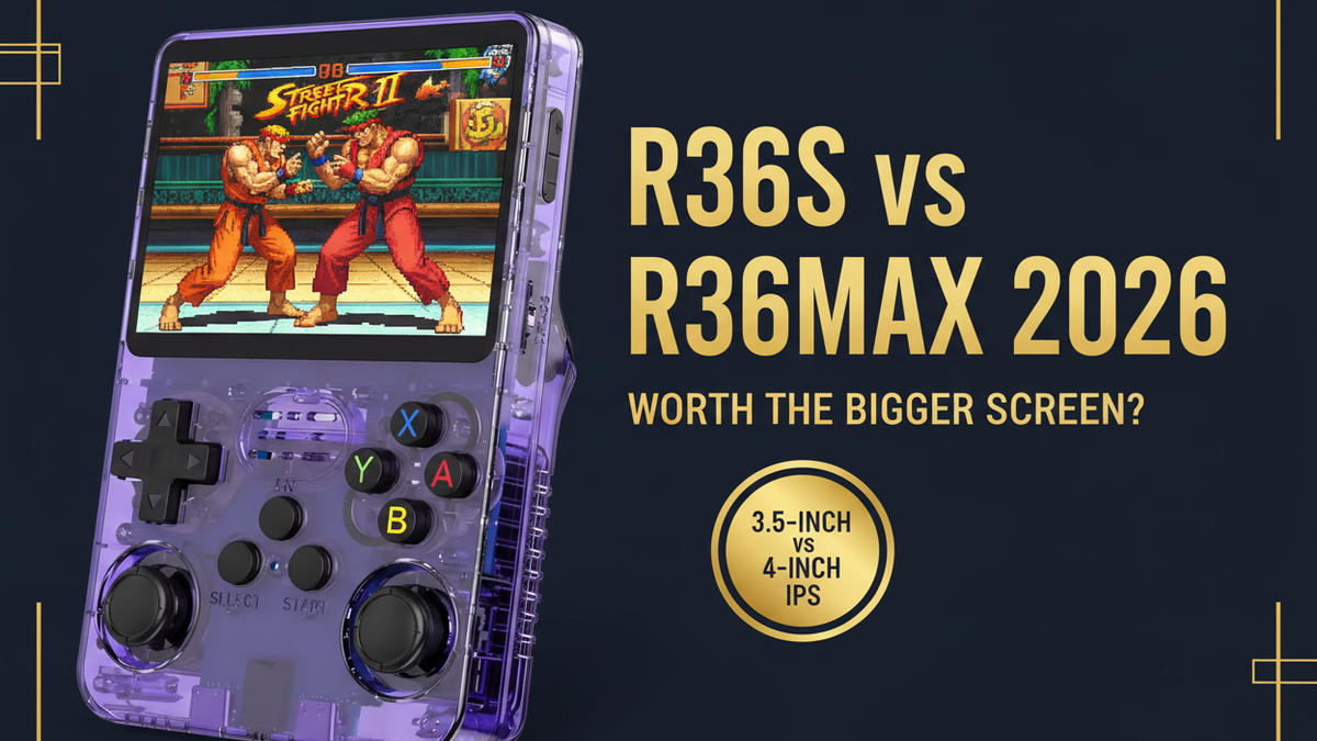 Vertical purple R36S retro handheld with Street Fighter gameplay comparing R36S and R36MAX 3.5-inch versus 4-inch IPS screens