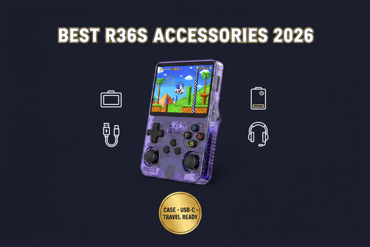 Purple R36S retro handheld gaming console with protective case, USB-C cable, wired headphones, and power bank accessory icons