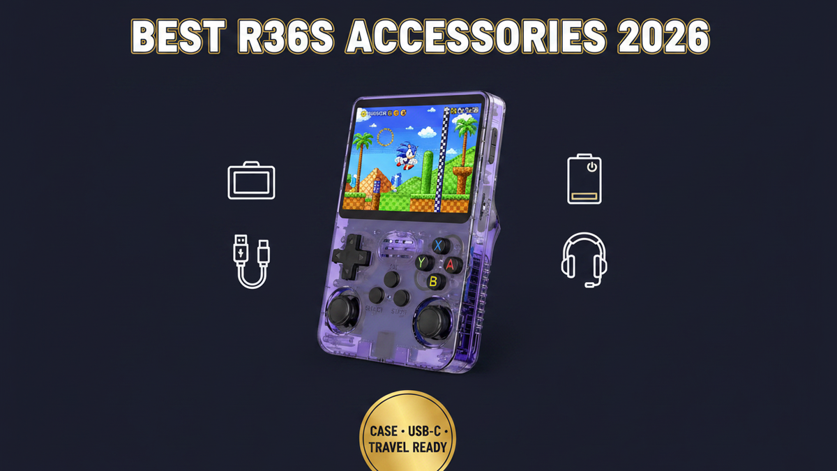 Purple R36S retro handheld gaming console with protective case, USB-C cable, wired headphones, and power bank accessory icons