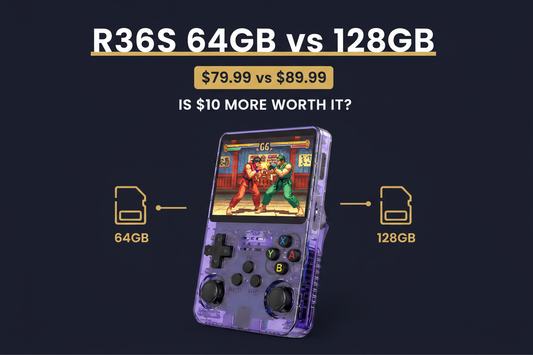 Vertical purple R36S retro handheld gaming console comparing 64GB and 128GB storage at $79.99 versus $89.99
