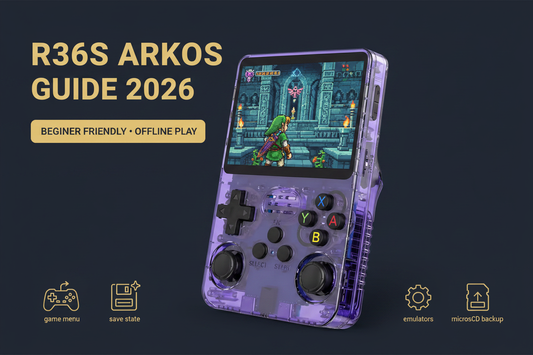 Purple R36S retro handheld gaming console showing an ArkOS-style game menu with save state, emulator settings, and microSD backup icons