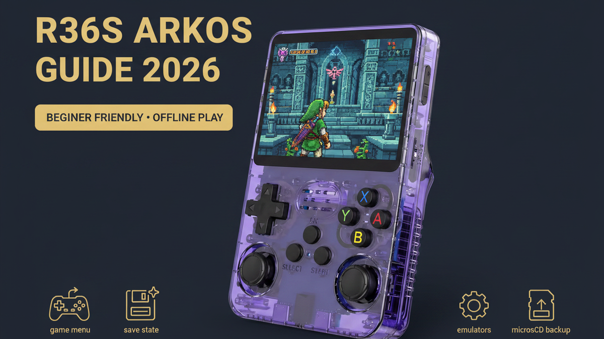 Purple R36S retro handheld gaming console showing an ArkOS-style game menu with save state, emulator settings, and microSD backup icons
