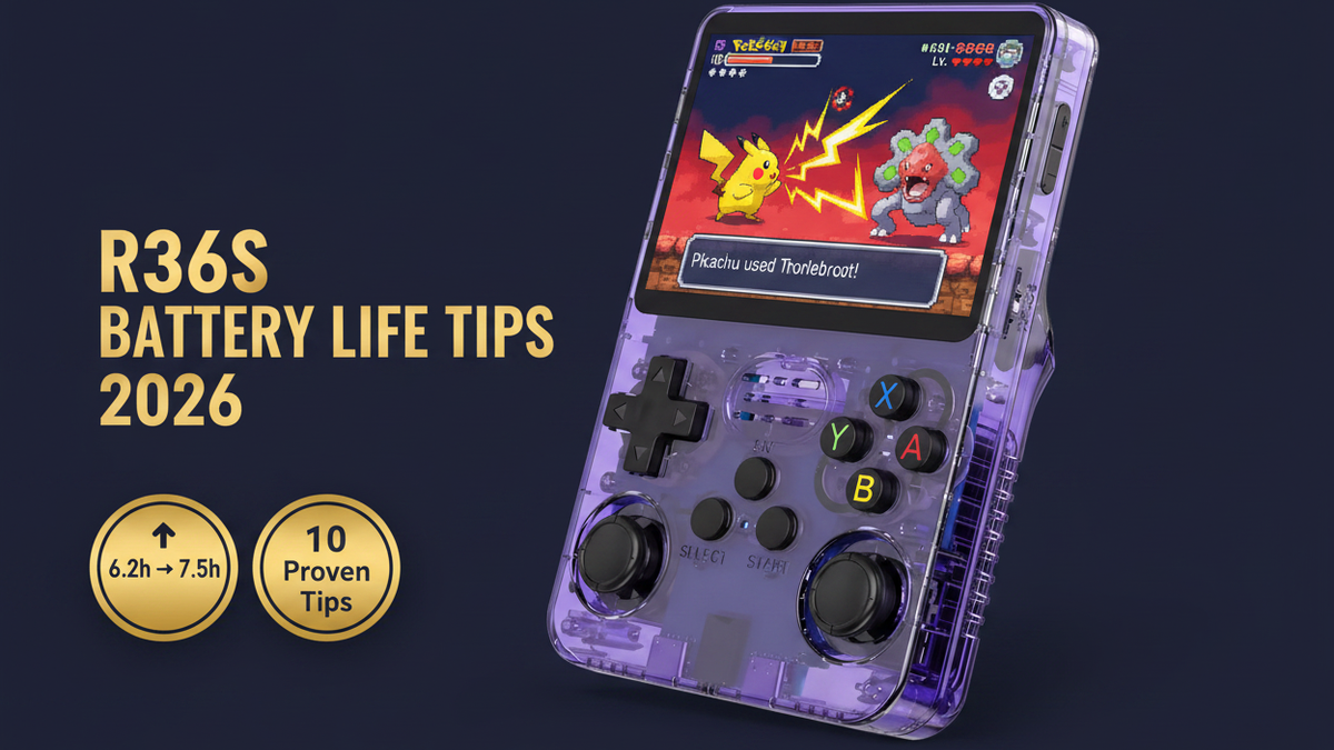 R36S battery life tips 2026 extend 6.2h to 7.5h brightness settings optimization iGameConsole