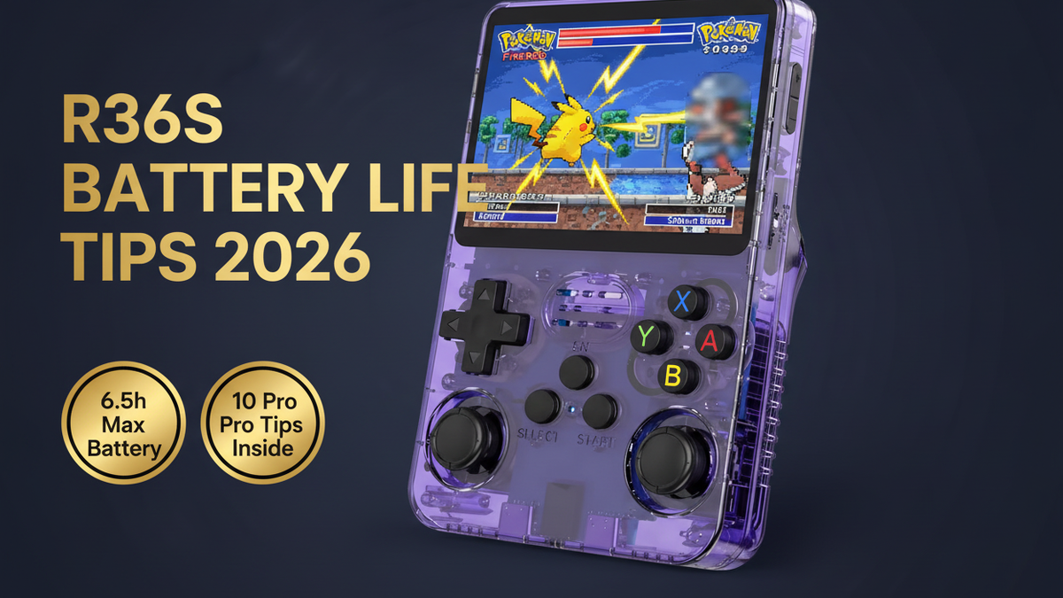 R36S battery life tips 2026 how to get 6.5 hours brightness settings GBA SNES PS1 N64 iGameConsole