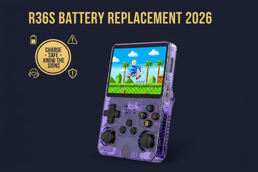 Purple R36S retro handheld gaming console with USB-C charging, battery health, warning shield, and support icons