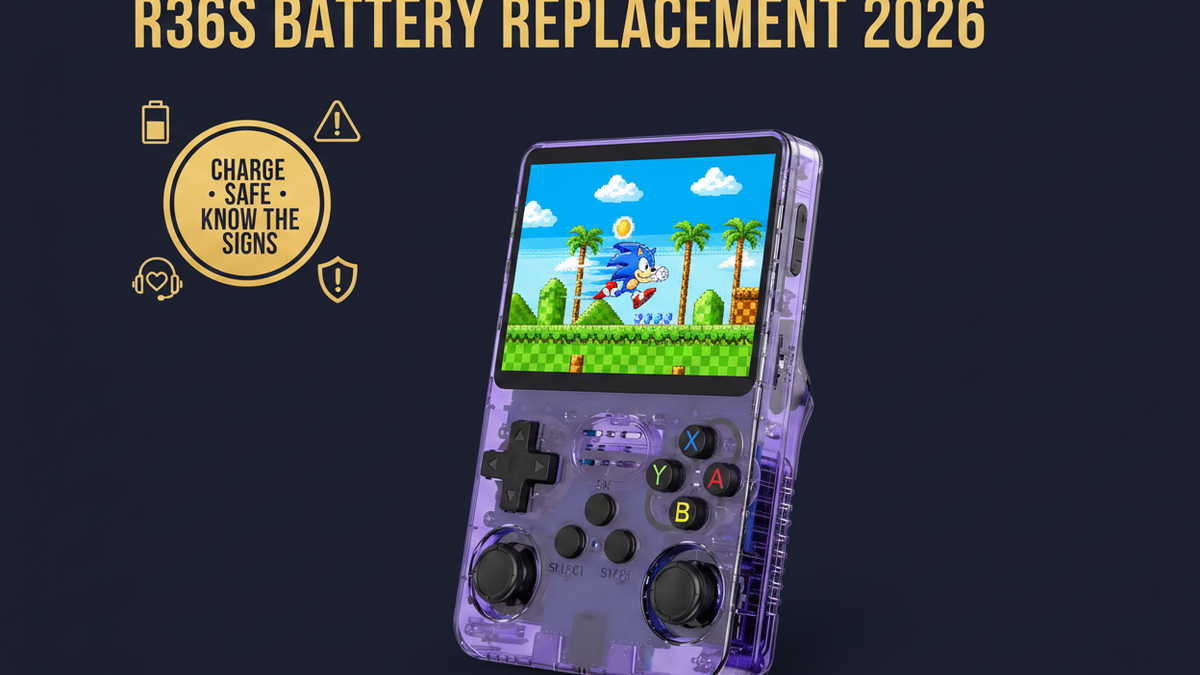 Purple R36S retro handheld gaming console with USB-C charging, battery health, warning shield, and support icons