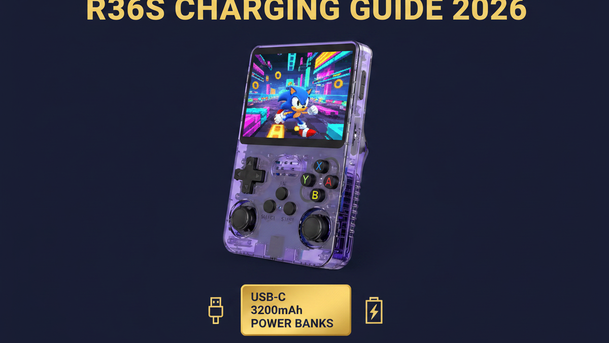 Purple R36S retro handheld gaming console with Sonic gameplay, USB-C charging, 3200mAh battery, power bank, and battery safety guide