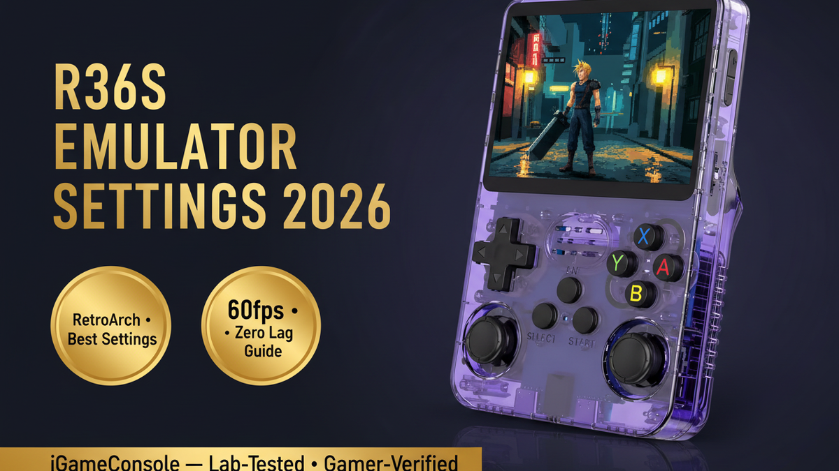 R36S emulator settings guide 2026 RetroArch best settings GBA SNES PS1 N64 60fps iGameConsole