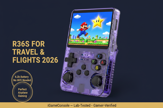R36S for travel airplane gaming 2026 6.2h battery TSA approved pocket portable iGameConsole