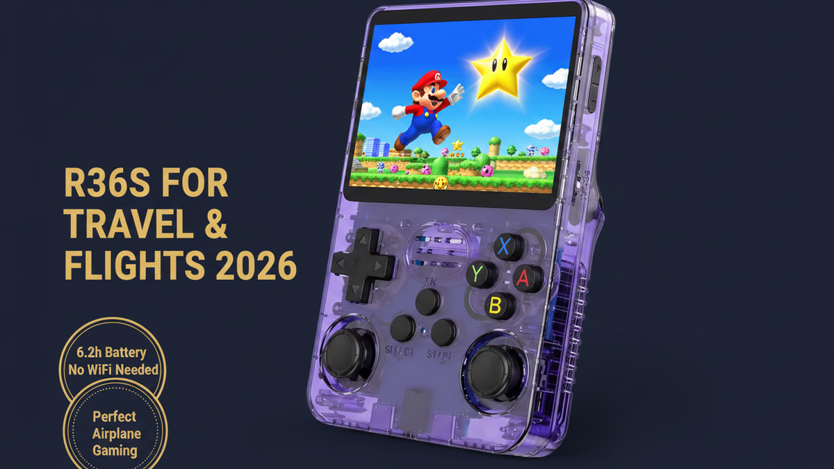 R36S for travel airplane gaming 2026 6.2h battery TSA approved pocket portable iGameConsole
