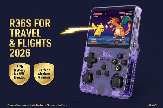 R36S for travel airplane gaming 2026 6.2h battery no WiFi 6000 games iGameConsole