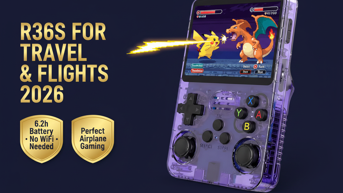 R36S for travel airplane gaming 2026 6.2h battery no WiFi 6000 games iGameConsole