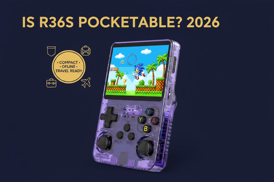 Purple R36S retro handheld gaming console with pocket, backpack, protective case, airplane, and portable travel gaming icons