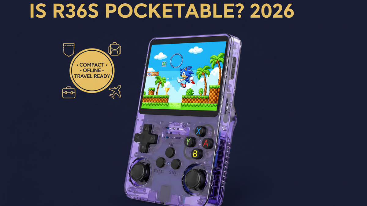Purple R36S retro handheld gaming console with pocket, backpack, protective case, airplane, and portable travel gaming icons