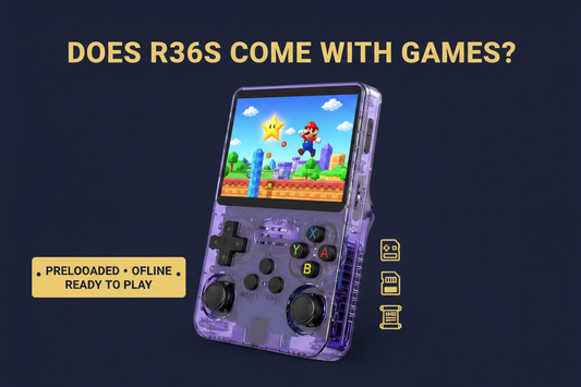 Purple R36S retro handheld gaming console with preloaded classic games, Mario gameplay, microSD card, and offline play icons